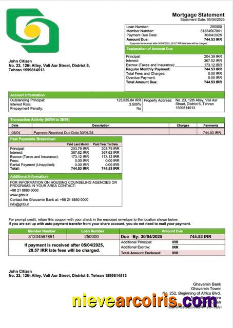 Iran Ghavamin Bank mortgage statement Word and PDF template